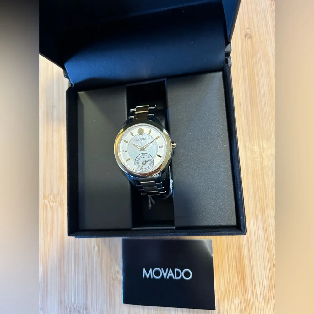 Movado Ballina Watch With 39mm White Pearl Face & 2 Tone Bracelet